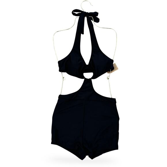 Hilinker Black Cutout Halter One-Piece Swimsuit with High-Waisted Shorts Size S - Picture 1 of 7